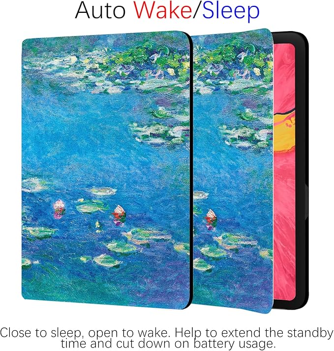 Berkin Arts for iPad Pro 11 Inches M4 (2024) Case A2836 /A2837 /A3006 Folio Case Premium Leather Cover Cloisonnism Teal Blue Flower Floral (Waterlilies by Monet)