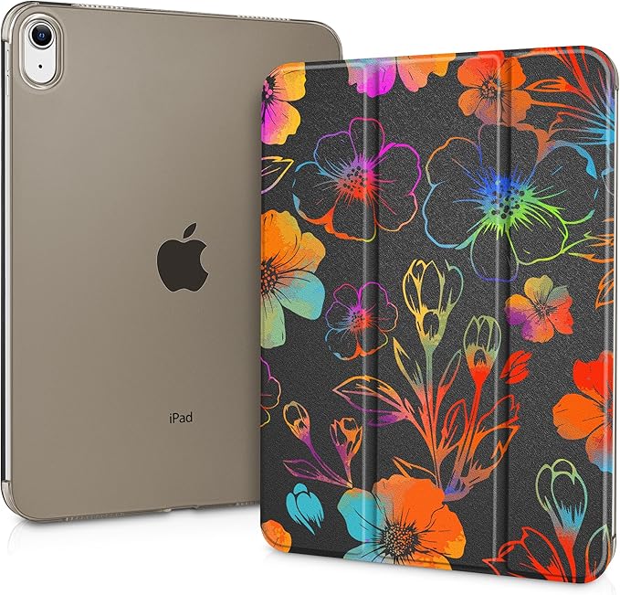 Case for iPad 11 inch A16 2025 Generation 11th / iPad 10.9 inch 10th Generation 2022 Smart Foldable Stand PC Clear Translucent Back Shell Auto Wake/Sleep Slim Cover Flowers Black