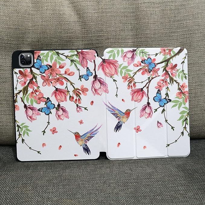 MEEgoodo for iPad Pro M2 12.9 Case 6th/5th/4th/3rd Generation 2022 2021 2020 2018 with Pencil Holder Tablet Cover with Soft TPU Back Shell Birds &amp Flowers