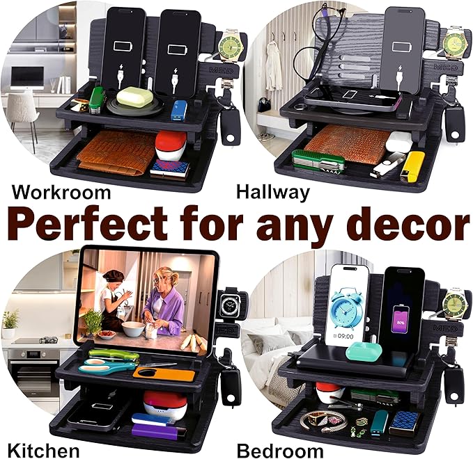 MED Wood Phone Docking Station for Men - Desk or Nightstand Organizer - Birthday Gifts for Husband Dad - Anniversary Idea from Wife - Key Holder Stand Wallet Watch &amp Essentials (Black)
