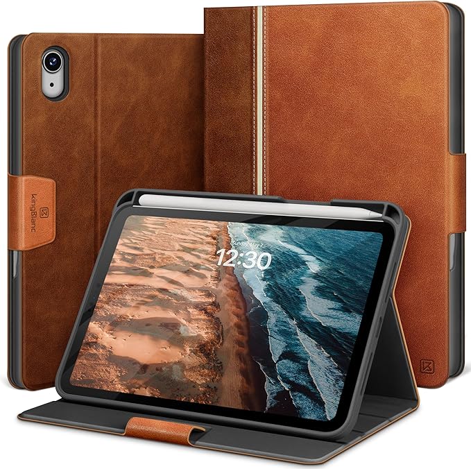 KingBlanc Case for iPad mini 7 (A17 Pro) iPad mini 7th/6th Generation (2024/2021 8.3 inch) with Pencil Holder Vegan Leather Stand Cover Auto Sleep/Wake Adjustable Viewing/Drawing Angle Brown