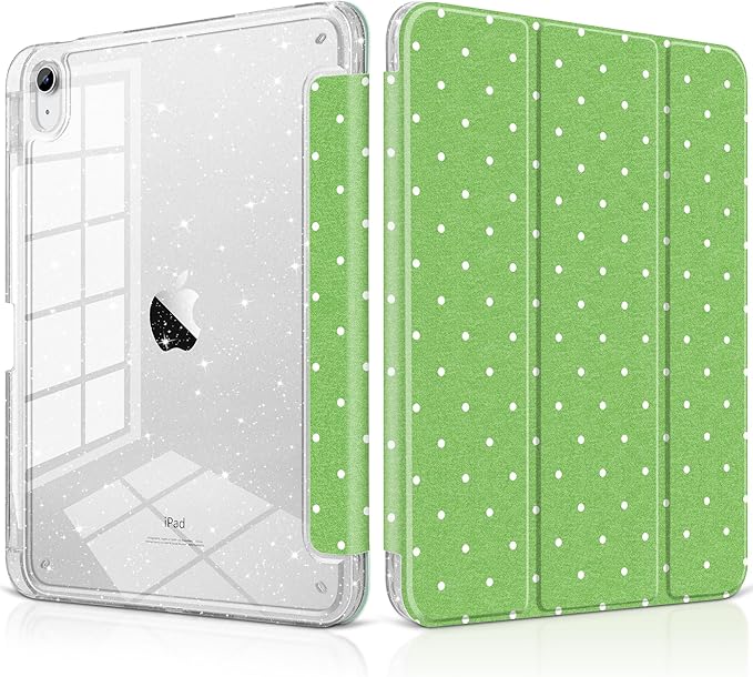 MEEgoodo Case for iPad A16 11th Generation 2025/10th Generation 2022 Glitter Tablet Cases with Transparent Acrylic Back+Trifold Stand +Pencil Holder+Auto Wake/SleepWhite Dots and Green