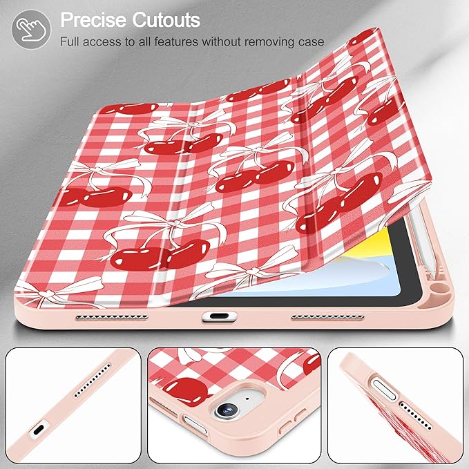 May Chen for iPad (A16) 11th Generation Case 11 Inch 2025 iPad 10th Gen Case 2022 10.9 inch Trifold Stand with Auto Wake/Sleep Soft TPU Protective Stand Back Cover Cherry Bow