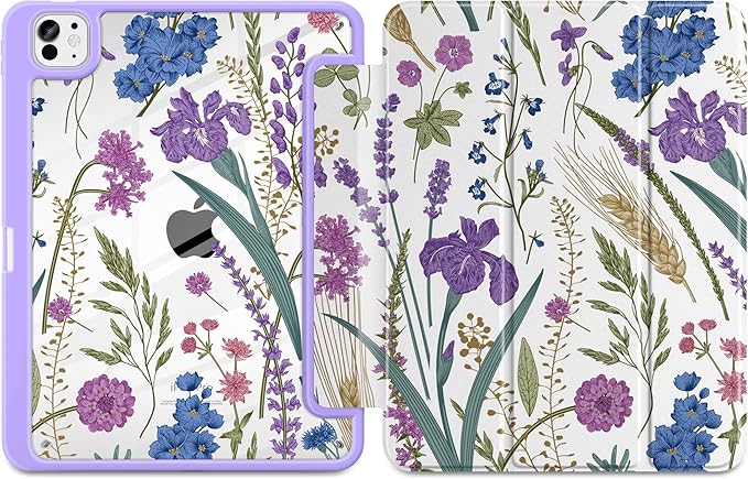 DONGKE for iPad Pro 11-Inch Case (M5 2025 / M4 2024) 6th/5th Generation [Auto Sleep/Wake &amp Pencil Pro Holder] Clear Acrylic Back Smart Trifold Stand Cover Purple Botanical Wildflower