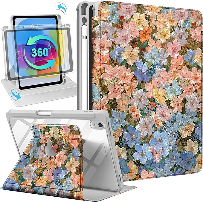 for iPad A16 Case for iPad 10th Generation Case 10.9 inch - 360 Degree Rotating Stand Folio Smart Cover with Pencil Holder for Women Girls Beautiful Flowers for Apple 10th 2022/11th 2025