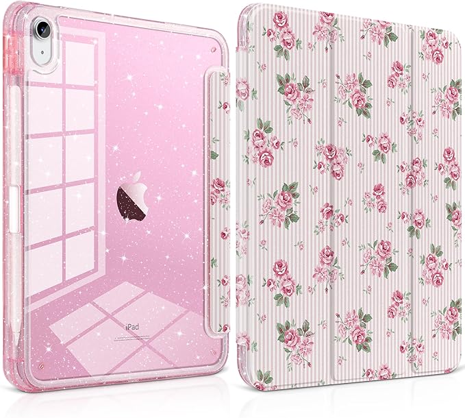 TWOLSKOO Sparkly Case for iPad Pro 11 inch (M5 2025 / M4 2024) Glitter Hard Acrylic Back with Pencil Holder Slim Trifold Stand Folio Cover Auto Sleep/Wake Roses