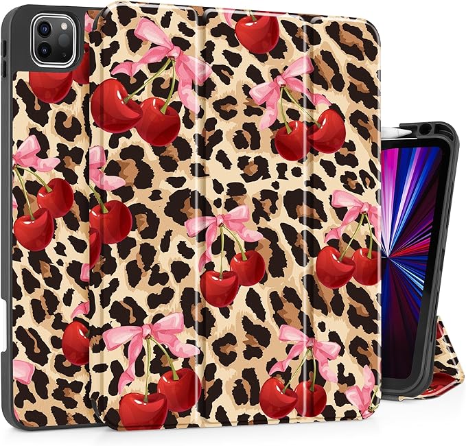 May Chen Case for iPad Pro 11 inch (4th 3rd 2nd &amp 1st Gen) 2022 2021 2020 2018 Trifold Stand + Pencil Holder + Auto Wake/Sleep + Soft TPU Protective Stand Back Cover Cherry &amp Cheetah
