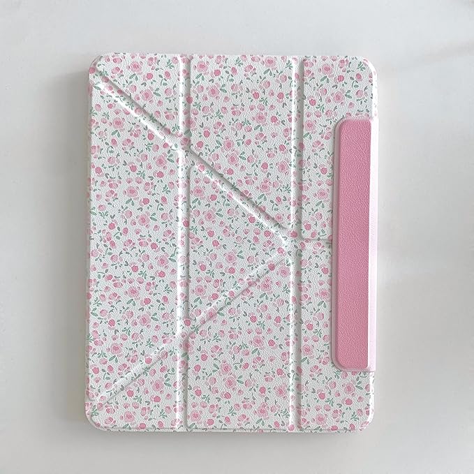 Detachable Magnetic 360 Rotating Adjustable Kickstand Hard PU Folio Case for Apple White Pink Rose Flower Floral Pretty Chic Cute Lovely Girls (for iPad 5 9.7-inch 5th Generation 2017)
