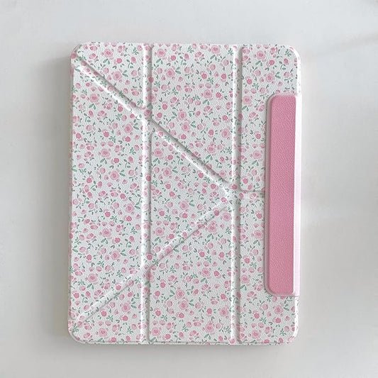 Detachable Magnetic 360 Rotating Adjustable Kickstand Hard PU Folio Case for Apple White Pink Rose Flower Floral Pretty Chic Cute Lovely Girls (for iPad Pro 12.9-inch 3rd Generation 2018)