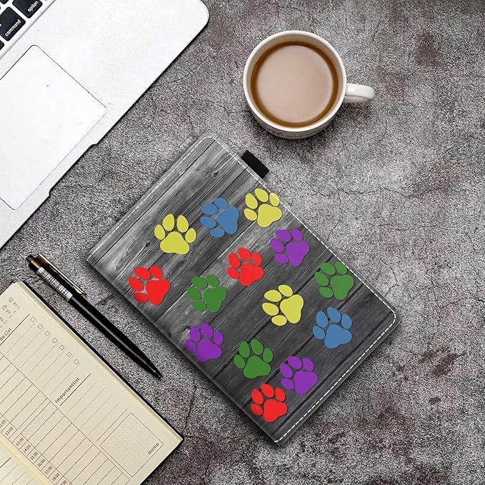 Case for Amazon Kindle Fire HD 10 &amp 10 Plus Tablet 10.1 (13th/11th Generation 2023/2021 Release) - PU Leather Folio Case with Smart Auto Wake/Sleep Colorful Dog Paw Print on Wooden Board