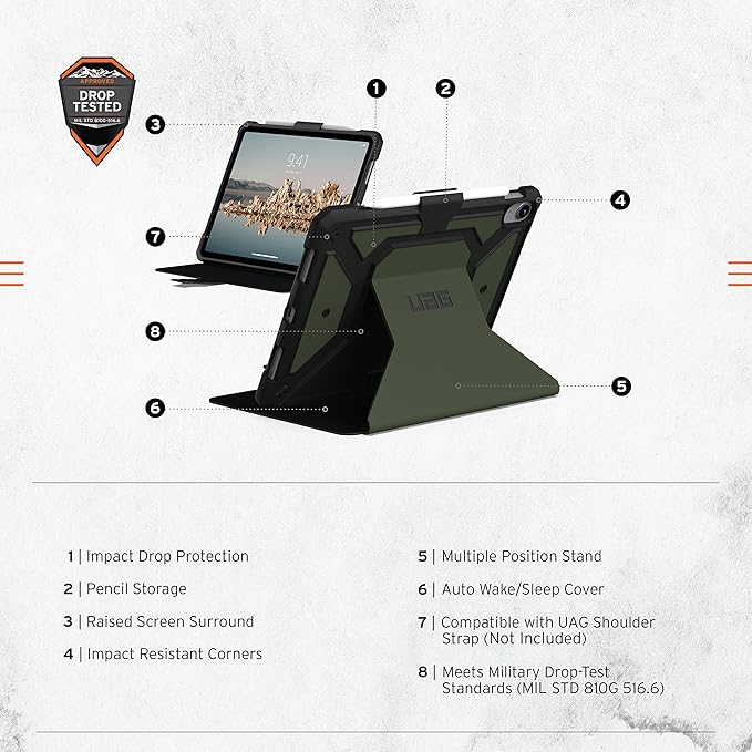 URBAN ARMOR GEAR UAG Designed for iPad 11 A16 11th Gen 2025 10.9 10th Gen 2022 Case A3354 A3355 A2696 Rugged Protective Folio Cover w/Adjustable Stand &amp Pencil Holder Metropolis SE Olive