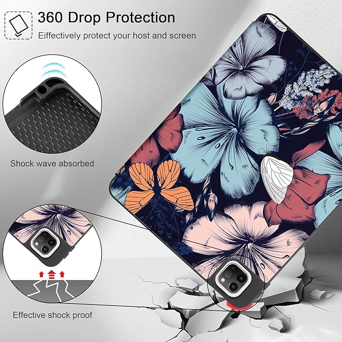May Chen Case for iPad Pro 11 inch (4th 3rd 2nd &amp 1st Gen) 2022 2021 2020 2018 Trifold Stand + Pencil Holder + Auto Wake/Sleep + Soft TPU Protective Stand Back Cover Flowers &amp Butterflies