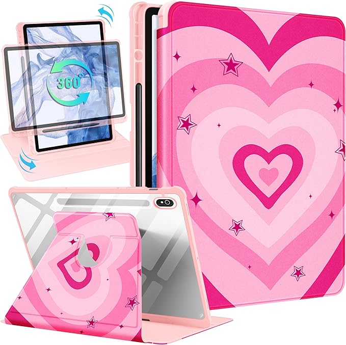 for Samsung Galaxy Tab S10 Fe Case - Tab S9 Fe/S9 Case with Pencil Holder Women Girls Cute Girly Pretty Pink Heart Unique Aesthetic Design Teens Rotating Tablet Cases Cover