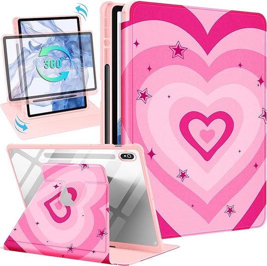 for Samsung Galaxy Tab S10 Fe Case - Tab S9 Fe/S9 Case with Pencil Holder Women Girls Cute Girly Pretty Pink Heart Unique Aesthetic Design Teens Rotating Tablet Cases Cover