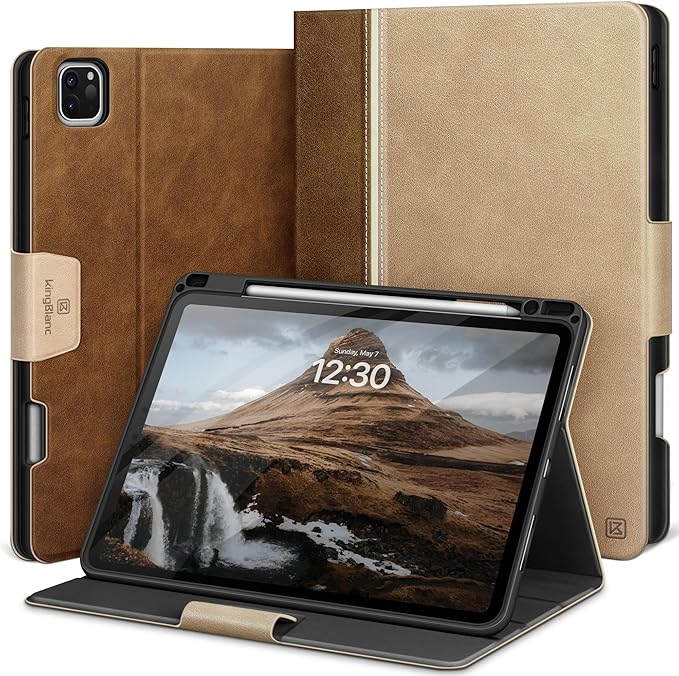 KingBlanc Case for iPad Pro 13 inch (M5 2025/M4 2024) with Pencil Holder Vegan Leather Stand Cover Auto Sleep/Wake Support Pencil Pro/(USB-C) Viewing/Writing Angles Vintage Notebook Style Beige