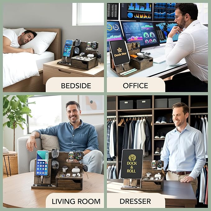 Nightstand Organizer- Phone Docking Station for Men- Unique Gifts for Husband Father or Dad from Wife Son or Daughter- Desk Organizer for Cellphone Watches Wallet and Key (Rustic)