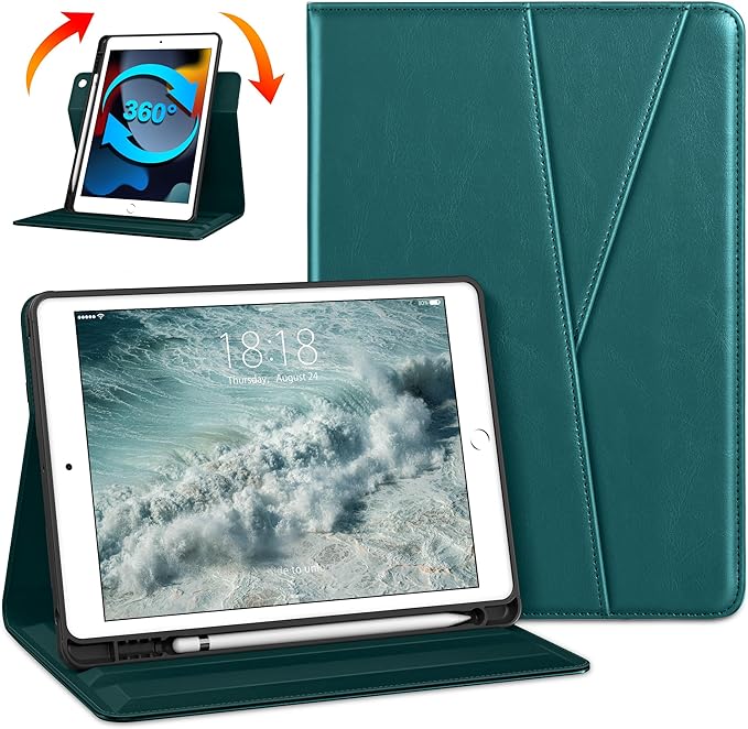 DTTO Rotating Case for iPad 9th/8th/7th Generation 10.2 Inch 2021/2020/2019 360 Degree Swiveling Premium Leather Folio Stand Cover with Pencil Holder - Auto Wake/Sleep and Hand Strap Green
