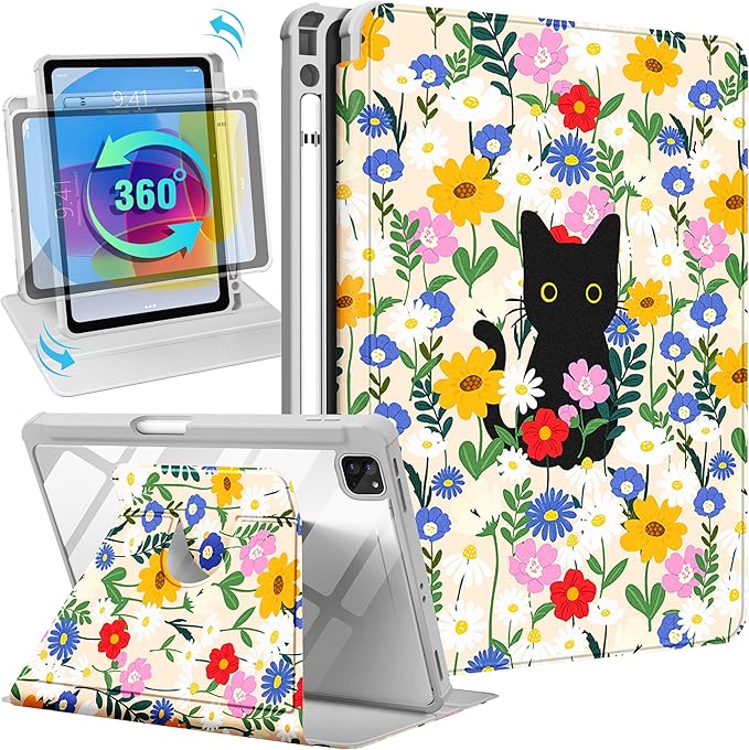 for iPad Air 13 inch Case(Air M4 2026/M3 2025/M2 2024) for iPad Pro 12.9 Case(6th/5th/4th/3rd/2nd/1st Gen) - 360 Rotating Smart Folio Cover with Pencil Holder for Women Girls Cat &amp Flowers
