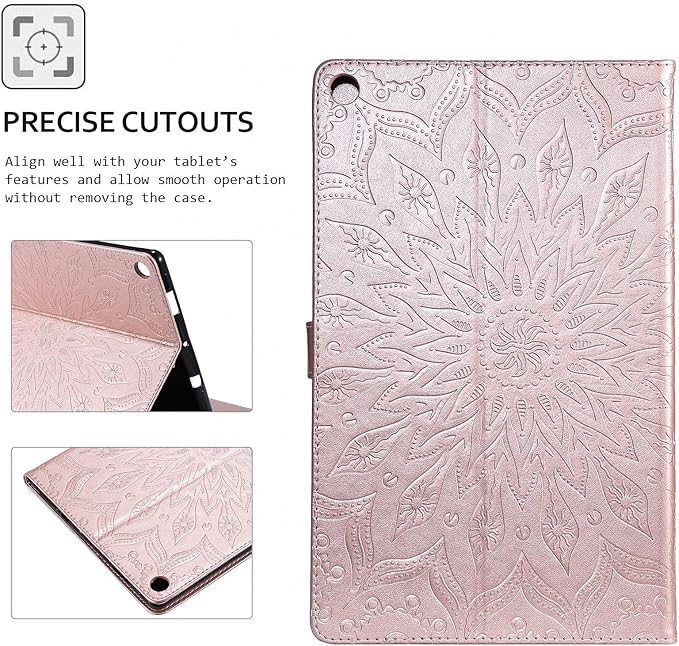 Folio Case for Fire HD 10 (9th/7th/5th Generation 2019/2017/2015 Release) Sunflower Embossed Stand Protective Cover with Card/Cash Holder for Amazon Fire HD 10.1 Inch Tablet Rose Gold