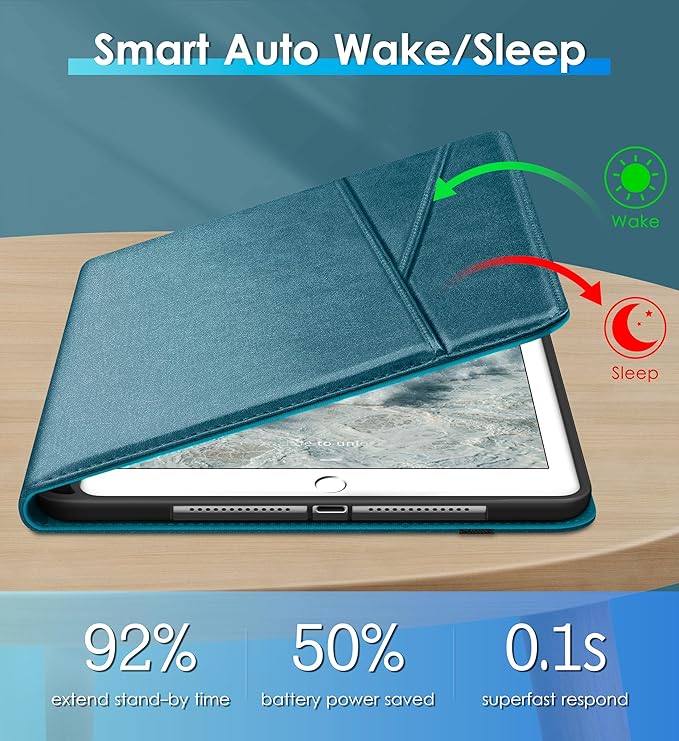 DTTO Rotating Case for iPad 6th / 5th Generation 9.7 Inch 2018/2017 iPad Air 2 / Air 1 Case 360 Degree Swiveling Premium Leather Folio Stand Cover with Pencil Holder - Auto Wake/Sleep Light Blue