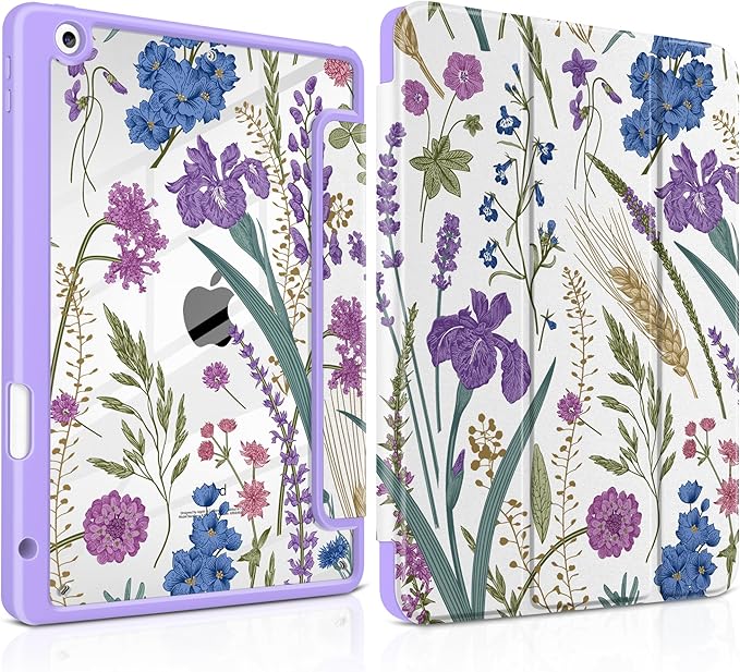 DONGKE for iPad 9th/8th/7th Generation Case 10.2 Inch (2021/2020/2019) [Auto Sleep/Wake &amp Pencil Holder] Clear Acrylic Back Trifold Stand Cover Purple Botanical Wildflower