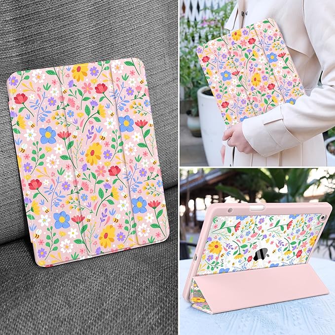 MEEgoodo Case for iPad 10.2 inchTablet Cases for iPad 9th Generation 2021/8th Gen 2020/7th Gen 2019 with Clear Acrylic Back Shell+Pencil Holder+Auto Wake/Sleep+Trifold StandFlat Spring Floral