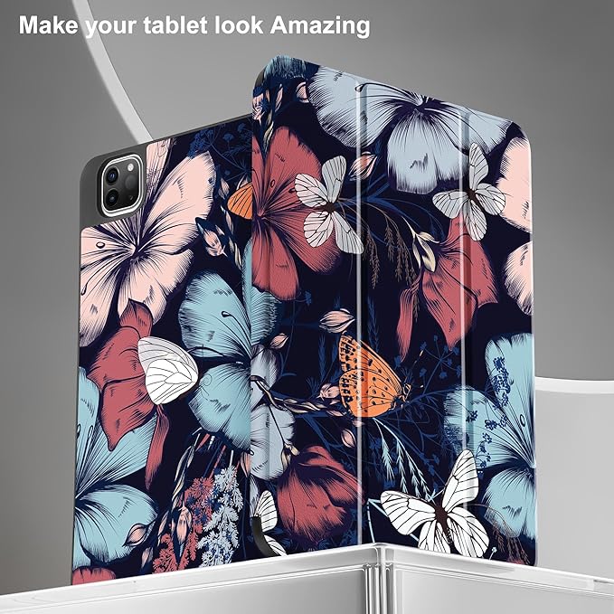 May Chen Case for iPad Pro 11 inch (4th 3rd 2nd &amp 1st Gen) 2022 2021 2020 2018 Trifold Stand + Pencil Holder + Auto Wake/Sleep + Soft TPU Protective Stand Back Cover Flowers &amp Butterflies