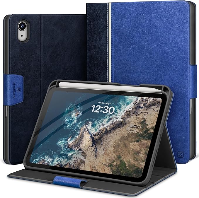 KingBlanc Case for iPad mini 7 (A17 Pro) iPad mini 7th/6th Generation (2024/2021 8.3 inch) with Pencil Holder Vegan Leather Stand Cover Auto Sleep/Wake Adjustable Viewing/Drawing Angle Blue