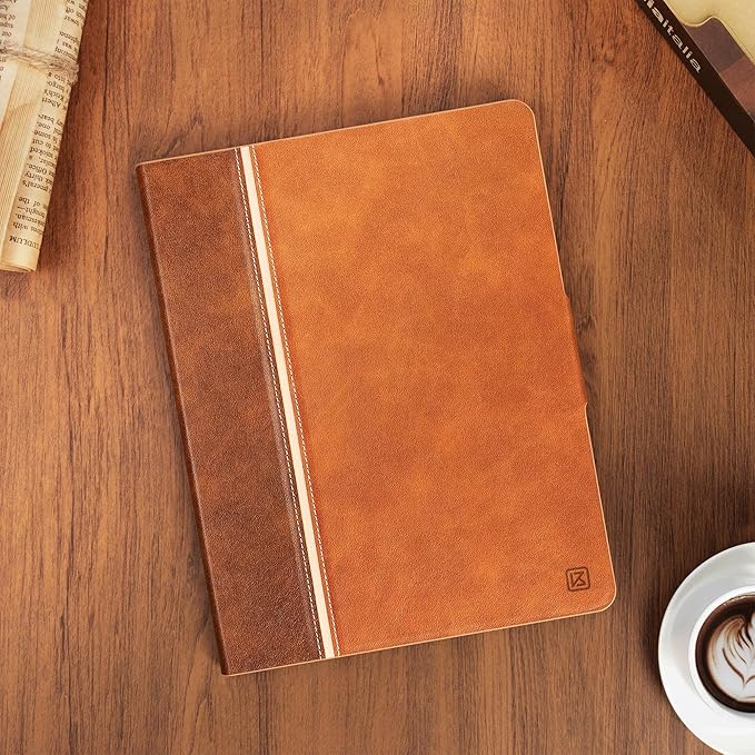 KingBlanc Case for iPad Pro 13 inch (M5 2025/M4 2024) with Pencil Holder Vegan Leather Stand Cover Auto Sleep/Wake Support Pencil Pro/(USB-C) Viewing/Writing Angles Vintage Notebook StyleBrown