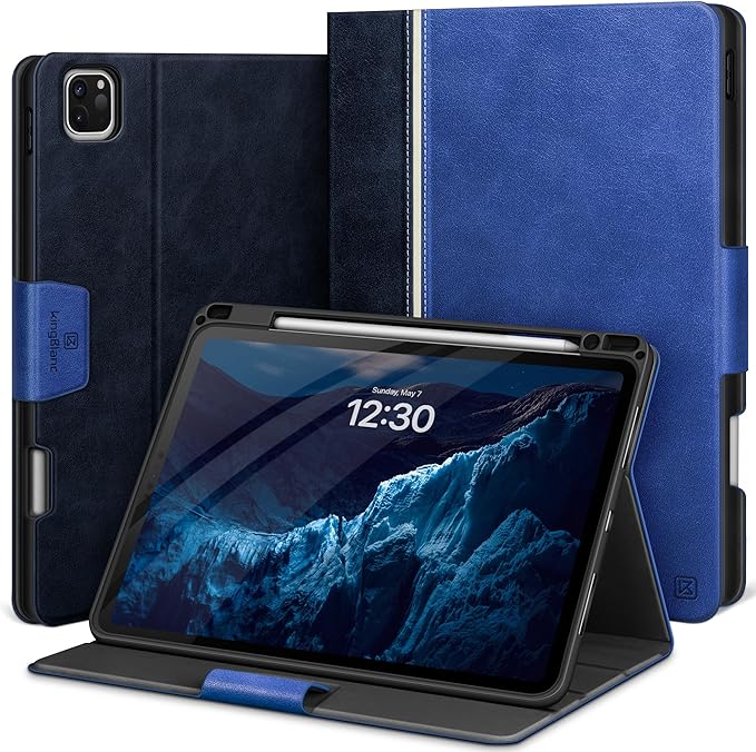 KingBlanc Case for iPad Pro 13 inch (M5 2025/M4 2024) with Pencil Holder Vegan Leather Stand Cover Auto Sleep/Wake Support Pencil Pro/(USB-C) Viewing/Writing Angles Vintage Notebook Style Blue