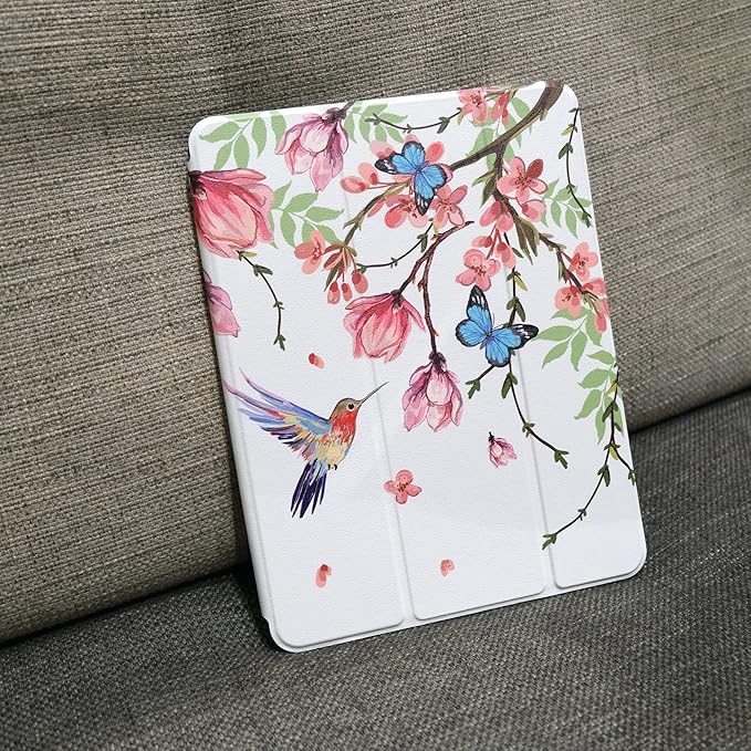 MEEgoodo for iPad Pro M2 12.9 Case 6th/5th/4th/3rd Generation 2022 2021 2020 2018 with Pencil Holder Tablet Cover with Soft TPU Back Shell Birds &amp Flowers