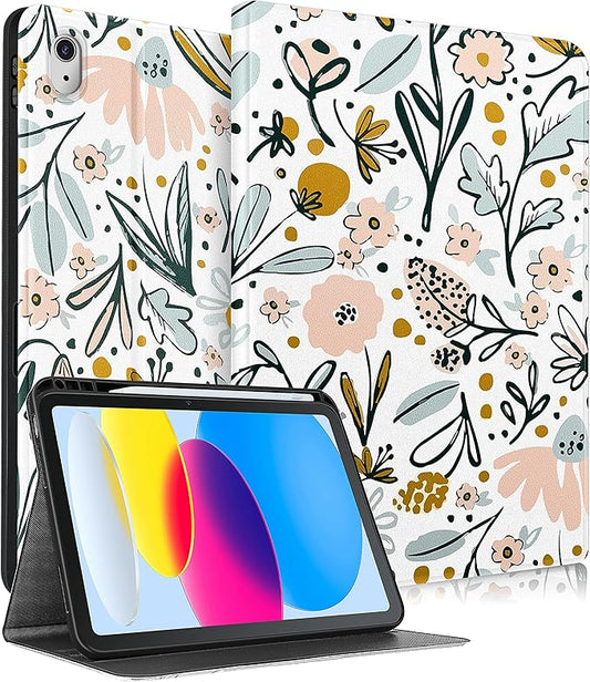 for iPad 10th Generation Case 10.9 Inch for iPad 11th(A16) 2025 Girls Cute Women Folio Cover with Pencil Holder Flowers Floral Aesthetic Design Girly Teens Unique Tablet Cases for Apple 10/11