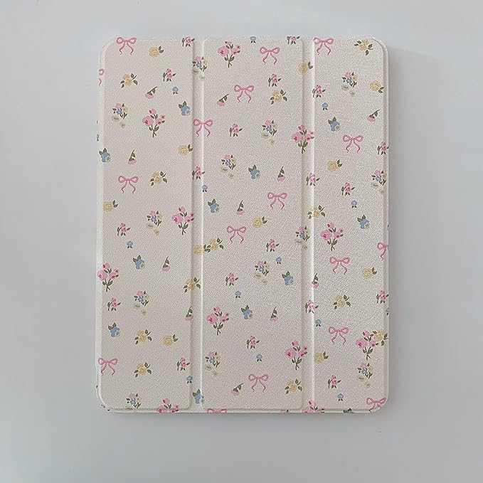 Slim Leather Hard Folio Case with Adjustable Stand Pencil Holder for Apple Cream White Pink Bow Flower Floral Chic Cute Lovely Adorable Girls Kids (for iPad Pro 12.9-inch 4th Generation 2020)