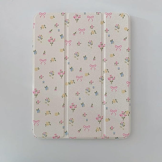 Slim Leather Hard Folio Case with Adjustable Stand Pencil Holder for Apple Cream White Pink Bow Flower Floral Chic Cute Lovely Adorable Girls Kids (for iPad Pro 12.9-inch 4th Generation 2020)