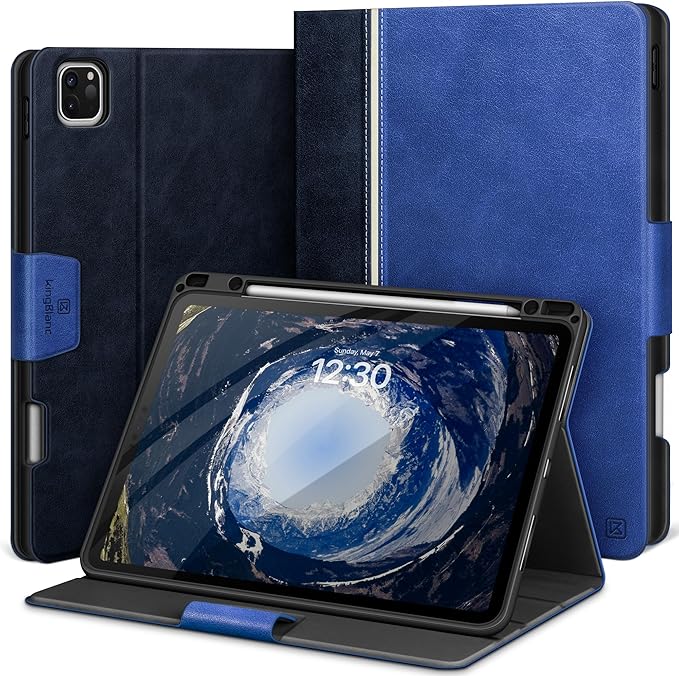 KingBlanc Case for iPad Pro 12.9 6th/5th/4th/3rd Generation 2022/2021/2020/2018 with Pencil Holder Vegan Leather Bicolor Cover Auto Sleep/Wake Support Pencil2 Charging Navy Blue × Royal Blue