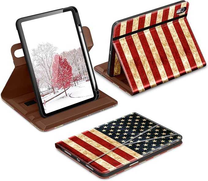 DTTO for iPad A16 Case iPad 11th / 10th Generation Case (2025/2022) 360 Degree Rotating Premium Leather Folio Stand Cover with Pencil Holder New US Flag