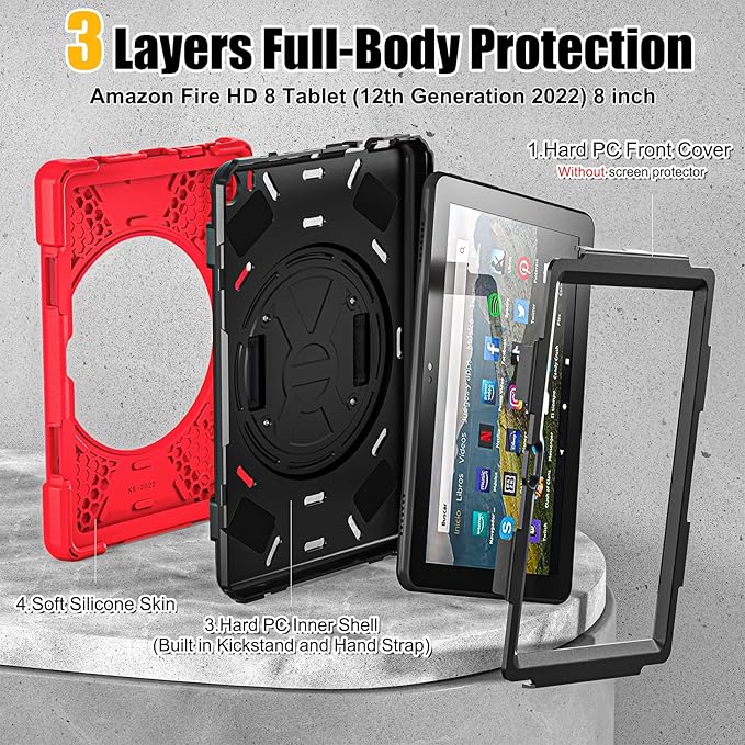 BRAECNstock for Amazon Fire HD 8 Tablet Case 12th Generation 2024/2022 8 inch with Rotating Hand Strap + Stand Shoulder Strap Pen Holder Shockproof Protective Kindle Fire HD 8 12th Gen Kids Case - Red