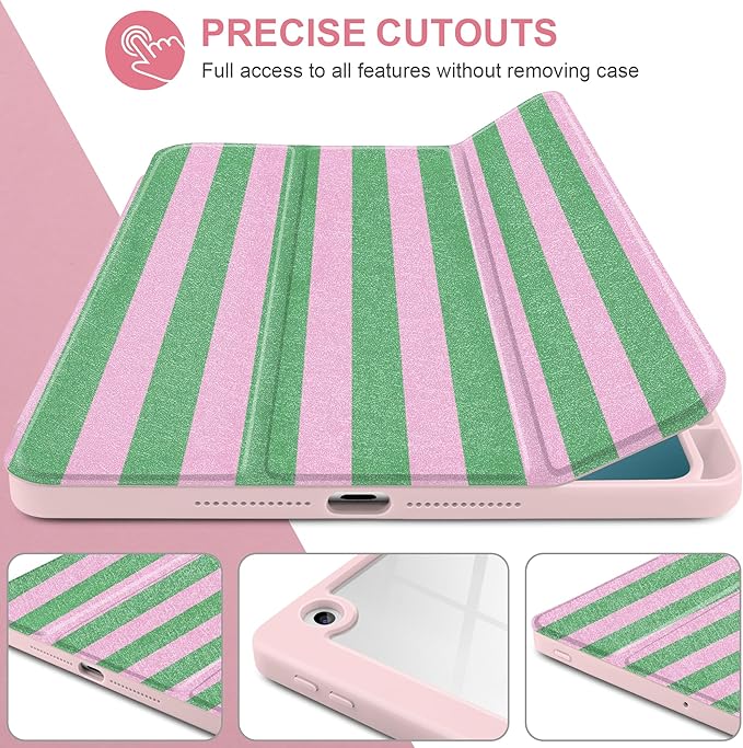 DONGKE for iPad 9th/8th/7th Generation Case 10.2 Inch (2021/2020/2019) [Auto Sleep/Wake &amp Pencil Holder] Clear Acrylic Back Trifold Stand Cover Green Stripes