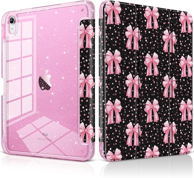 DONGKE for iPad Pro 11 inch Case – Fits M5 2025 / M4 2024 Shockproof Sparkling Glitter Acrylic Back Pencil Holder Trifold Stand Auto Sleep/Wake &amp Touch ID Support - Pink Bows