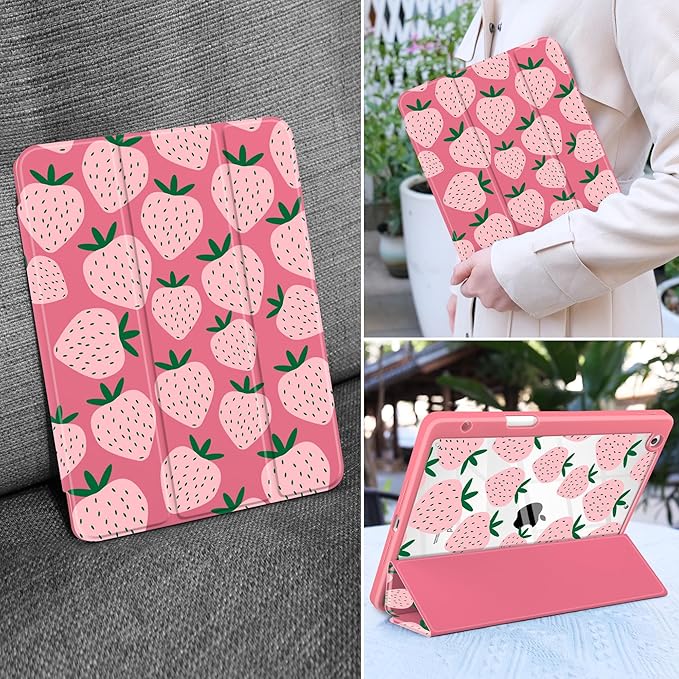 MEEgoodo Case for iPad 10.2 inchTablet Cases for iPad 9th Generation 2021/8th Gen 2020/7th Gen 2019 with Clear Acrylic Back Shell+Pencil Holder+Auto Wake/Sleep+Trifold StandMinimalist Strawberry