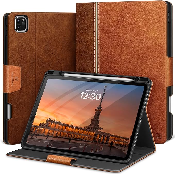 KingBlanc Case for iPad Pro 12.9 6th/5th/4th/3rd Generation 2022/2021/2020/2018 with Pencil Holder Vegan Leather Bicolor Cover Auto Sleep/Wake Support Pencil2 Charging Multi-Angle Viewing Brown