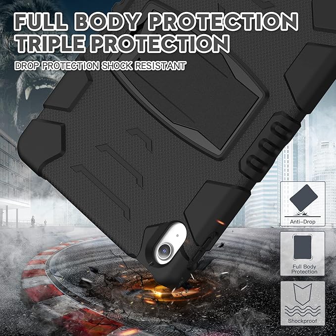 BATYUE Case for iPad (A16) 11th/10th Generation 10.9'' 2025/2022 Rugged Protective Shockproof Cover with Screen Protector 360° Rotating Stand Pencil Holder Carrying Strap Black