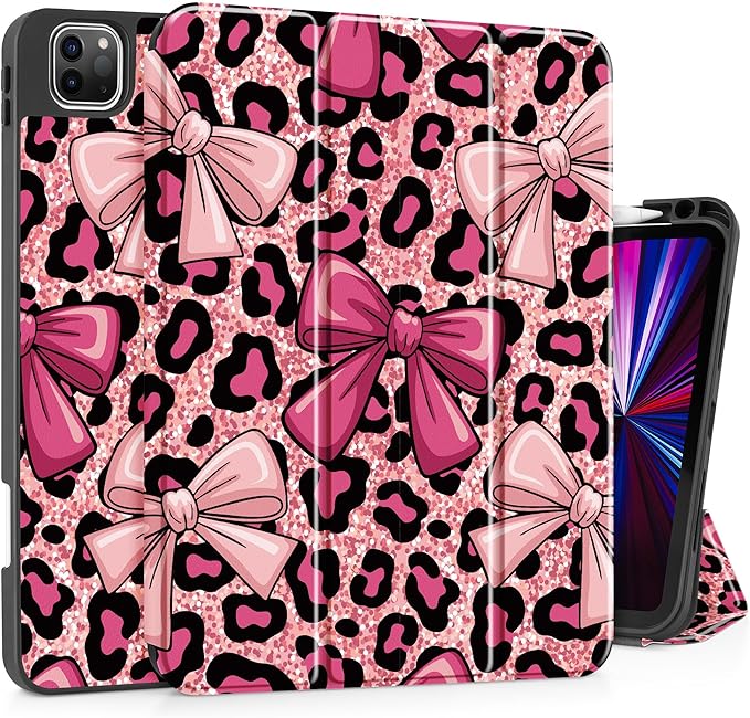 May Chen Case for iPad Pro 11 inch (4th 3rd 2nd &amp 1st Gen) 2022 2021 2020 2018Trifold Stand with Auto Wake/Sleep Soft TPU Protective Stand Back Cover Leopard Print Bow