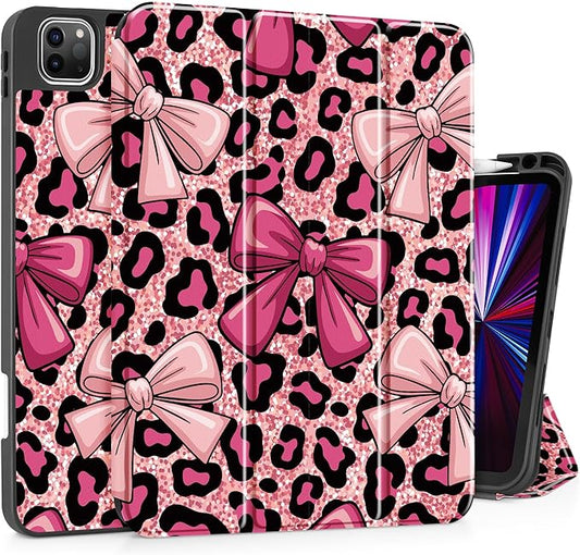 May Chen Case for iPad Pro 11 inch (4th 3rd 2nd &amp 1st Gen) 2022 2021 2020 2018Trifold Stand with Auto Wake/Sleep Soft TPU Protective Stand Back Cover Leopard Print Bow