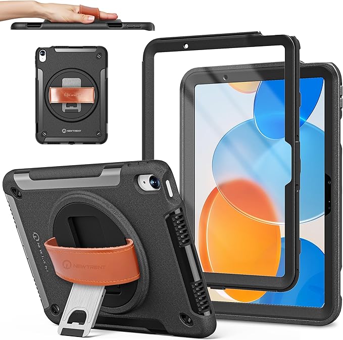 New Trent Original Rugged Case for iPad 11 (A16) 11-inch (2025) &amp iPad 10th Gen 10.9-inch (2022) | 360° Rotating Kickstand Genuine Leather Hand Strap Built-in Screen Protector Heavy-Duty Protec