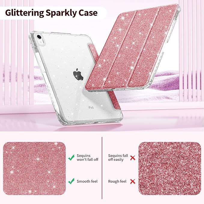 Tuiklol Sparkly Case for iPad (A16 Chip) 11th Gen 11 inch 2025 / iPad 10th Gen 10.9 inch 2022 Built in Pencil Holder with Glitter Clear Back Shell Cover Trifold Stand Auto Wake/Sleep Sparkly-Pink