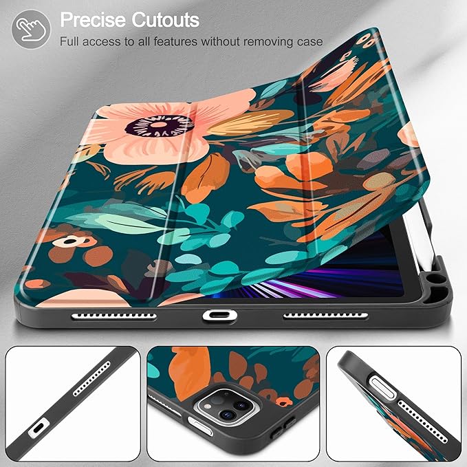 May Chen Case for iPad Pro 11 inch (4th 3rd 2nd &amp 1st Gen) 2022 2021 2020 2018 Trifold Stand + Pencil Holder + Auto Wake/Sleep + Soft TPU Protective Stand Back Cover Abstract Florals