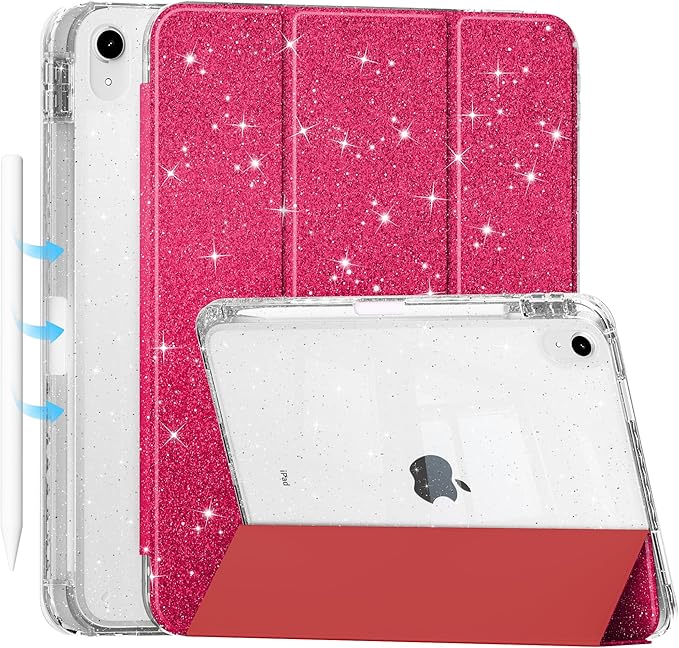 Tuiklol Sparkly Case for iPad (A16 Chip) 11th Gen 11 inch 2025 / iPad 10th Gen 10.9 inch 2022 Built in Pencil Holder with Glitter Clear Back Shell Cover Trifold Stand Auto Wake/Sleep Sparkly-Red