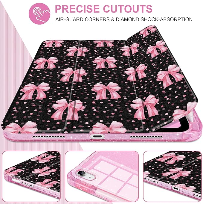 DONGKE for iPad Pro 11 inch Case – Fits M5 2025 / M4 2024 Shockproof Sparkling Glitter Acrylic Back Pencil Holder Trifold Stand Auto Sleep/Wake &amp Touch ID Support - Pink Bows