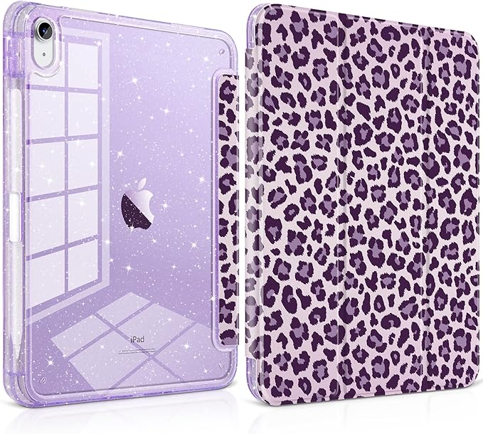 TWOLSKOO Sparkly Case for iPad Pro 11 inch (M5 2025 / M4 2024) Glitter Hard Acrylic Back with Pencil Holder Slim Trifold Stand Folio Cover Auto Sleep/Wake Purple Leopard